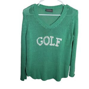 Wooden Ships Sweater Women's XS Green Golf V-Neck Open Knit Pullover Preppy